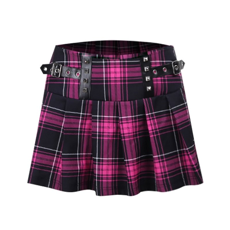 InsGoth Punk Y2K Purple Plaid Skirt Goth High Waist Pleated Mini Skirt Grunge Streetwear Belt A Line Skirts Gothic Clothes