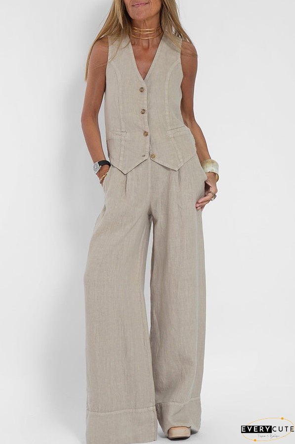 Eddie Linen Blend Button Vest and Elastic Waist Pocketed Wide Leg Pants Set