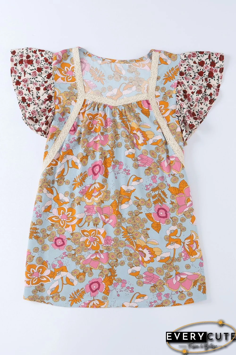 Multicolor Lace Trim Mix Floral Printed Contrast Ruffle Sleeve Blouse