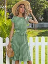 Mid-length Short-sleeved Lace-up Polka Dot Pleated Dress