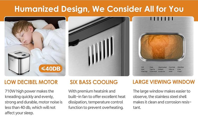 Product Introduction of Automatic Bread Maker, 2LB 1.5LB 1LB Bread Maker Machine with with Gluten-Free Setting, 15-in-1 Stainless Steel Bread Maker with Recipes 7