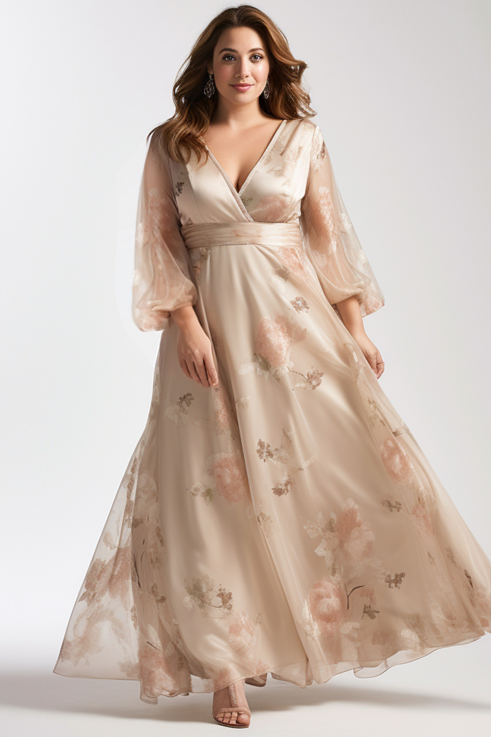 Flycurvy Plus Size Wedding Guest Apricot Chiffon Velvet Floral Print Wrap Maxi Dress 2024 - Flycurvy 