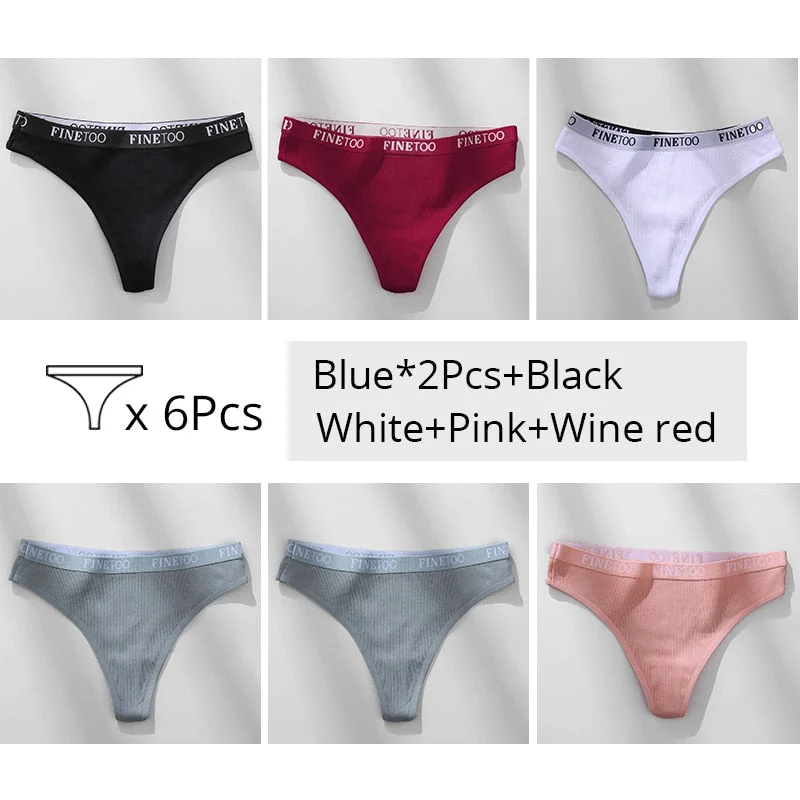 FINETOO Trendy Letter Thongs Cotton G-string Underwear M-XL Girls Bikini Underpants Comfortable Thong Panties 6Pcs Female Panty