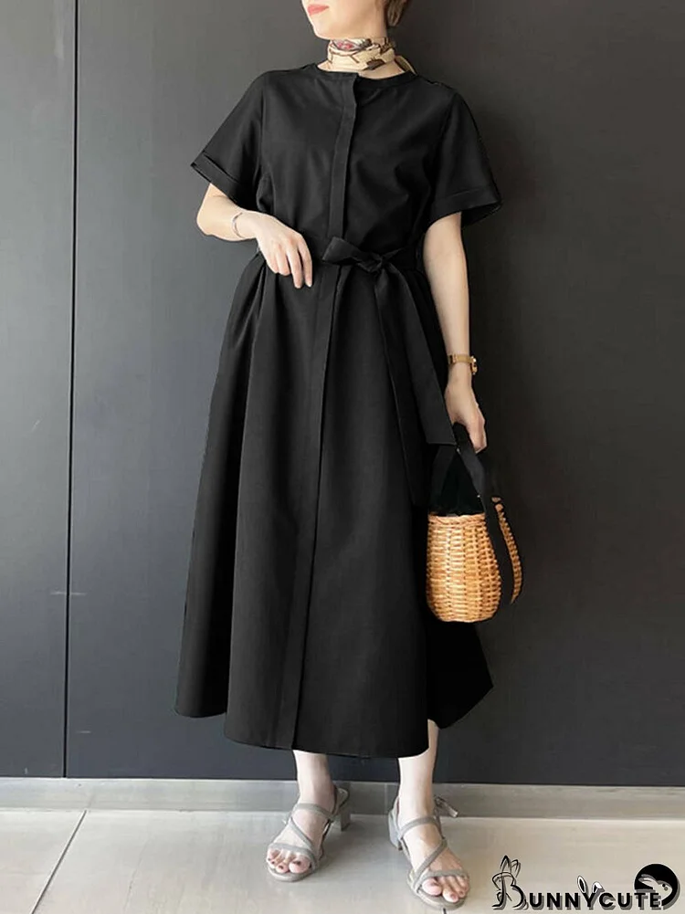 Solid Short Sleeve Crew Neck Dress With Belt For Women