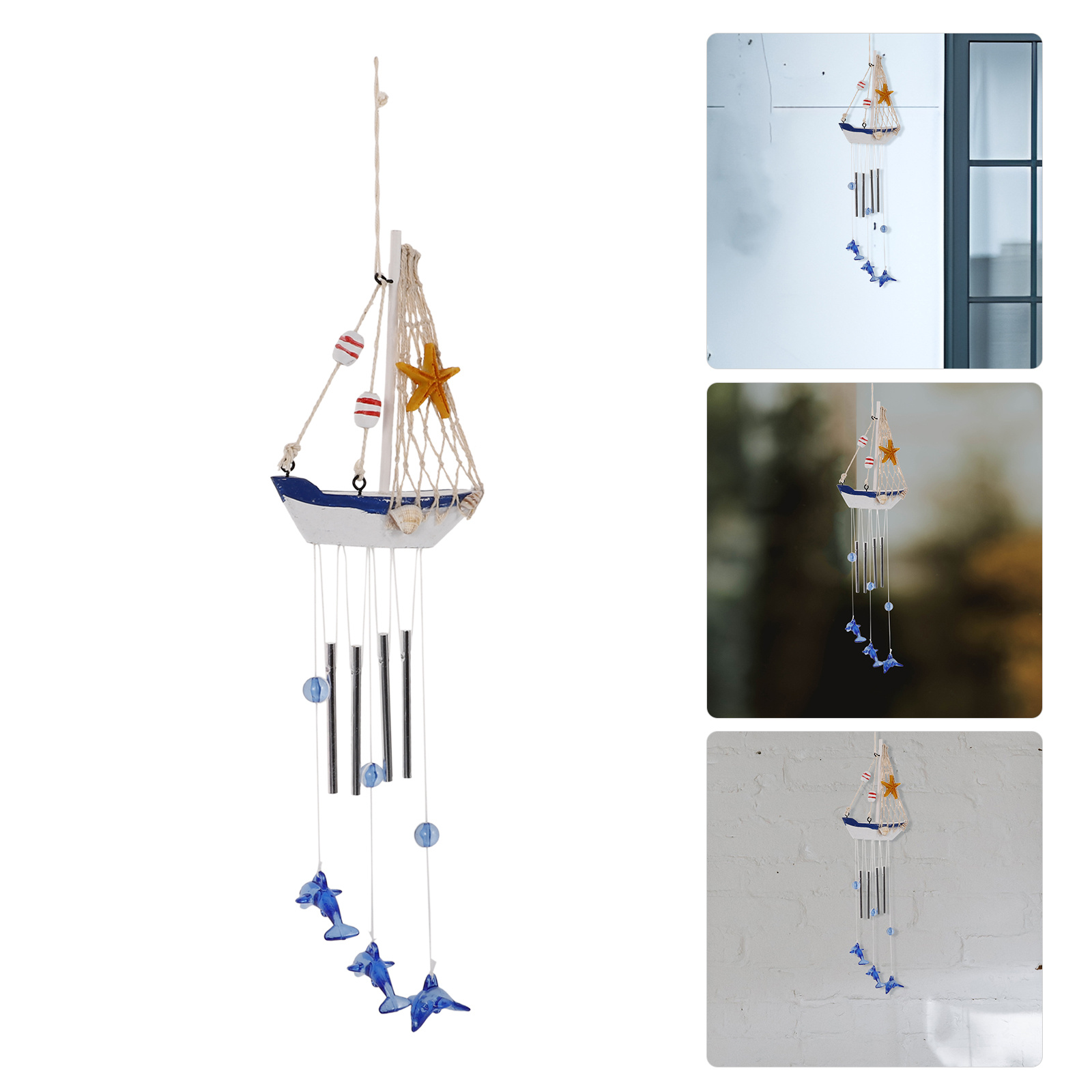 Tegooe Nautical Sailboat Wind Chime with Dolphin Pendants - Coastal Home Garden Decor