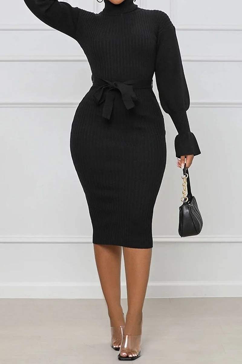 Casual Solid Split Joint With Belt Turtleneck One Step Skirt Dresses