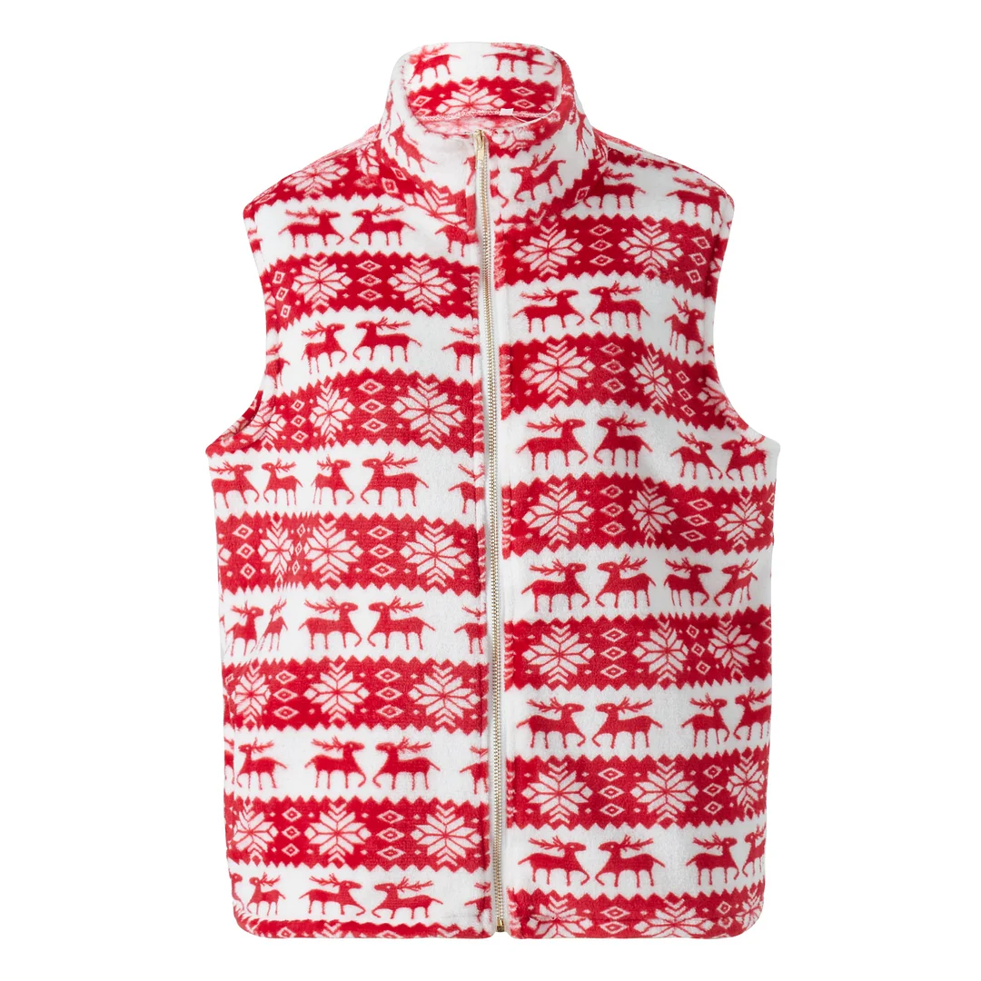 Women Fashion Wild Christmas Waistcoat Geometric Print Stand Collar Sleeveless Zipper-Up Vests Autumn Winter Plush Warm Coat