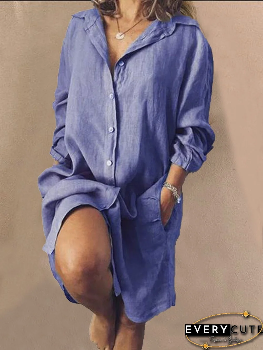 Casual V Neck Long Sleeve Solid Weaving Dress