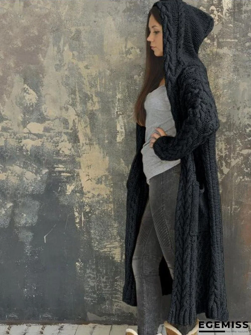 Cardigan Braid Lazy Wind Hooded Long Cardigan Sweater | EGEMISS