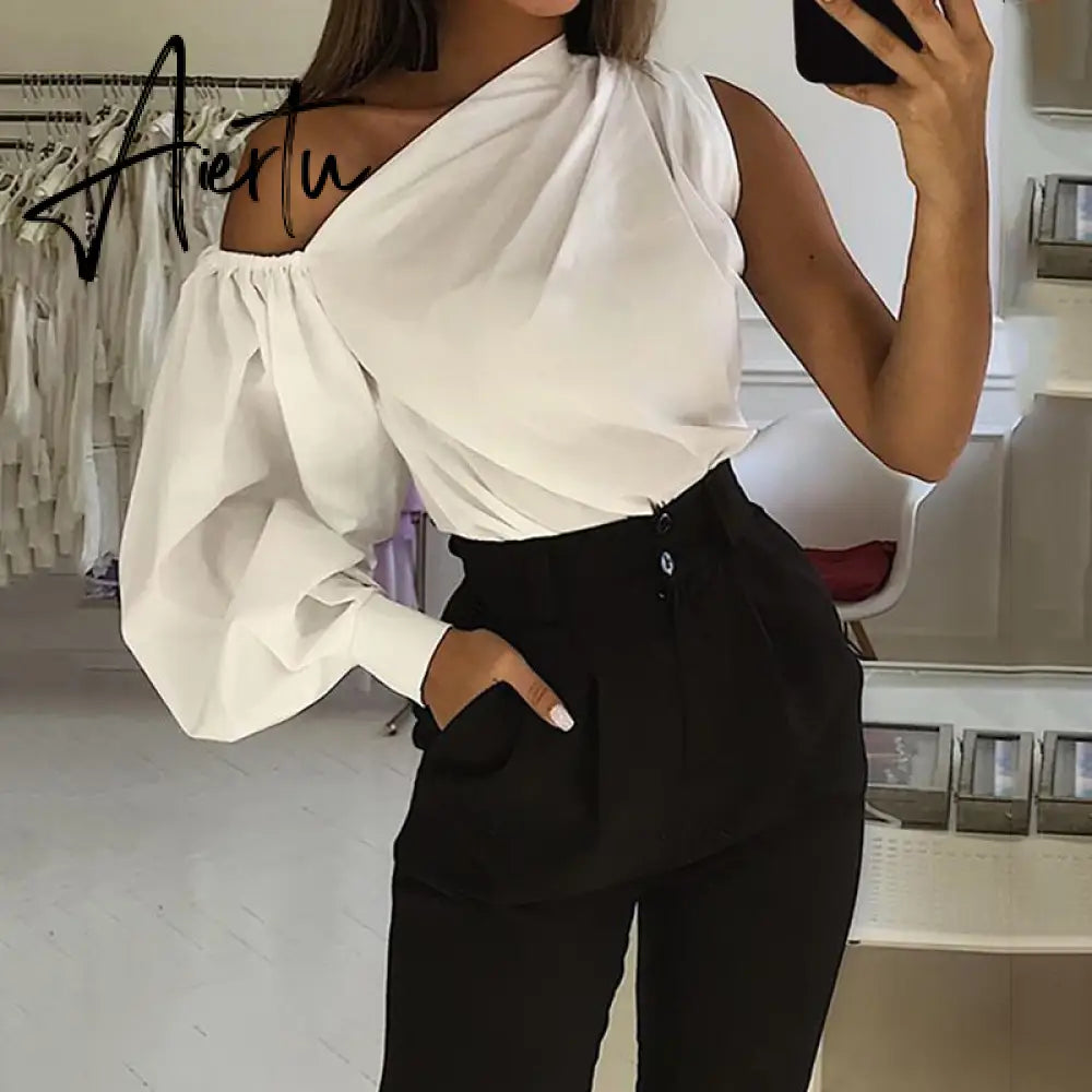 Asymmetrical Blouse Women Summer Off Shoulder Blusas Elegant Lantern Long Sleeve Shirt Fashion Ladies Party Tops Aiertu
