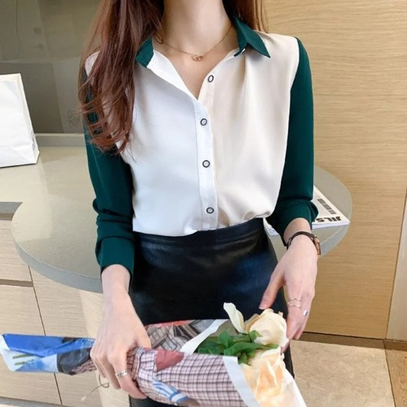 2021 Korean Long Sleeved Chiffon Shirt Women Splicing Color Singel Breasted Women's Blouse Autumn Lapel Top Female Blusas 11987