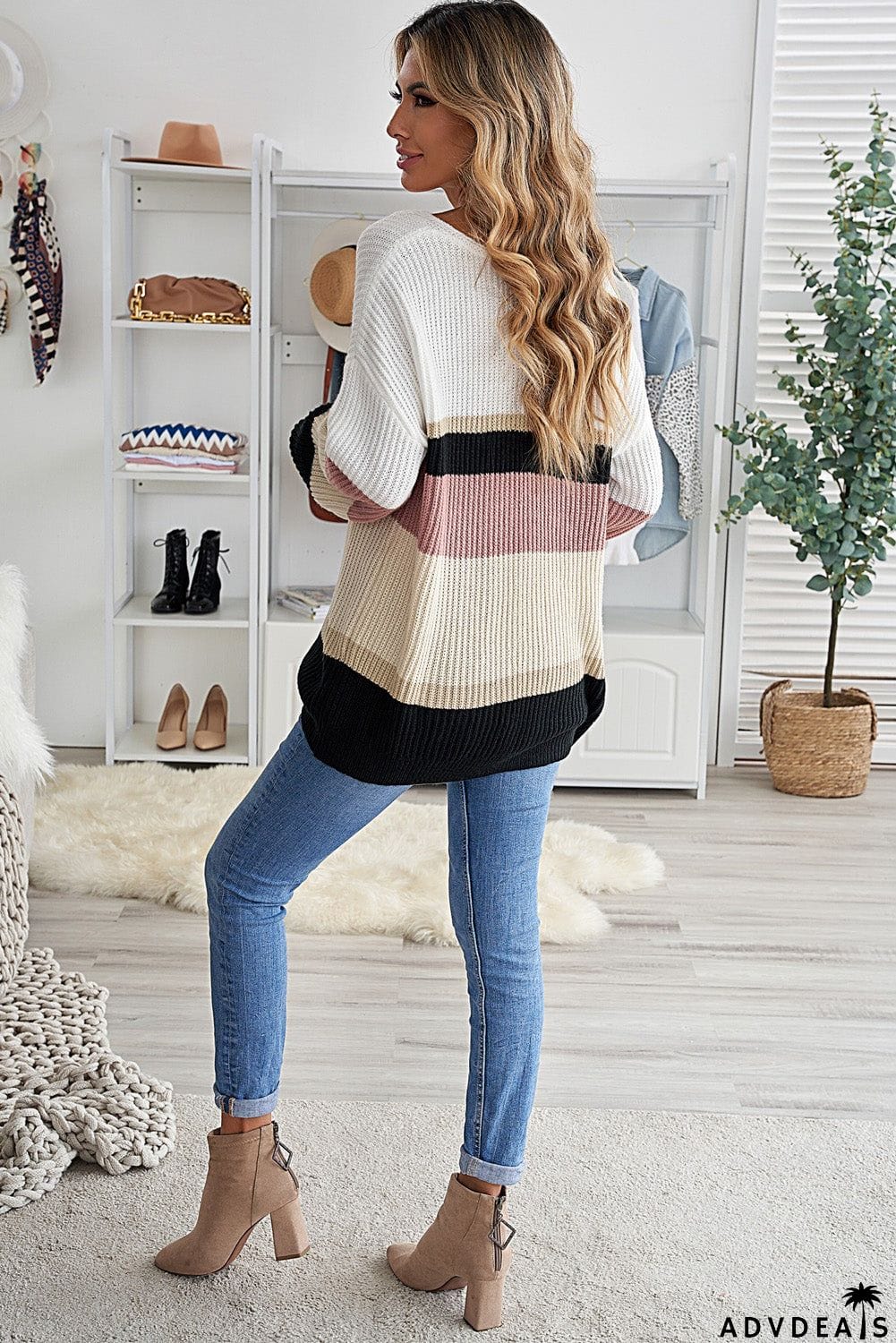 Khaki Colorblock V Neck Ribbed Knitted Sweater