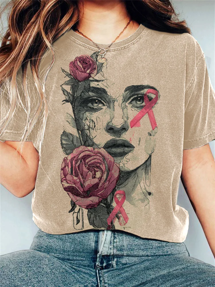 Women's Casual Breast Cancer Awareness Floral Print T-shirt