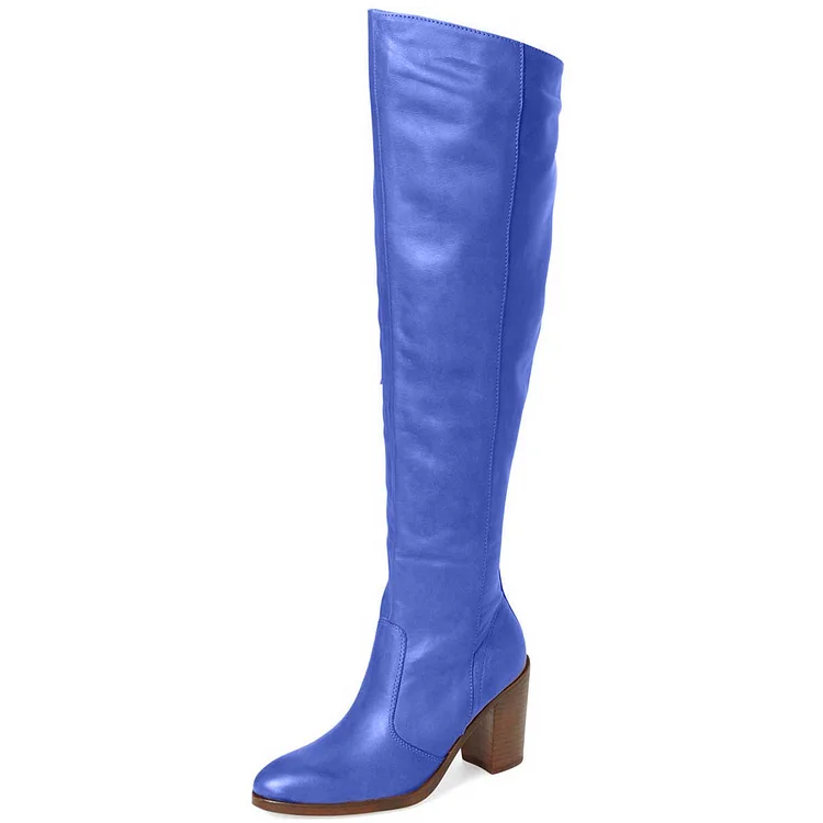 Cobalt Blue Shoes Block Heel Knee High Boots by FSJ |FSJ Shoes
