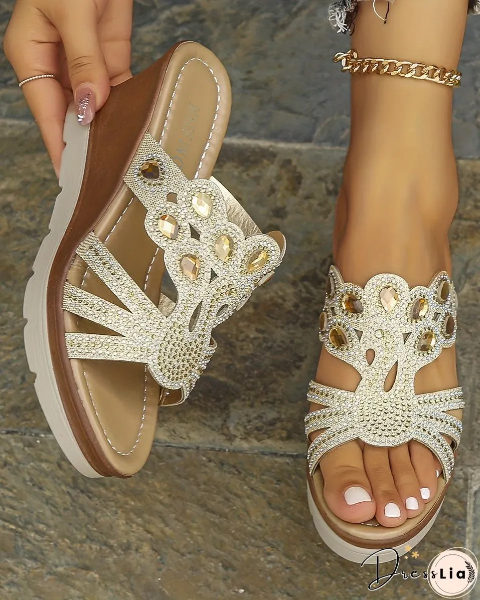 Rhinestone Decor Cutout Design Platform Wedge Sandals