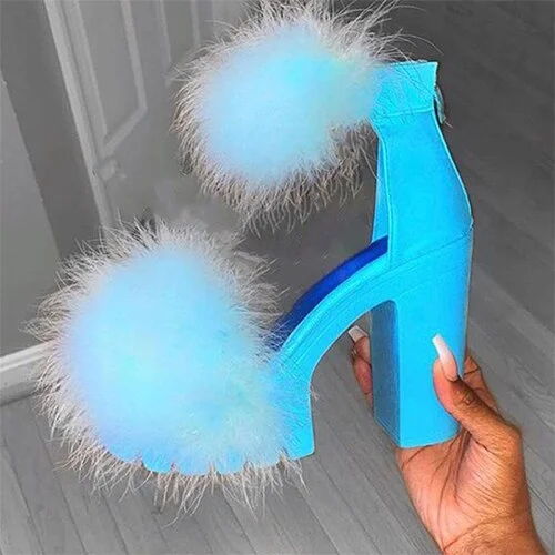 Back to college Women Sandals Fluffy High Heels Summer Fur Shoes 2022 Casual Ankle Buckle Fashion Shoes Non-Slip Outside Sandals Big Size 43