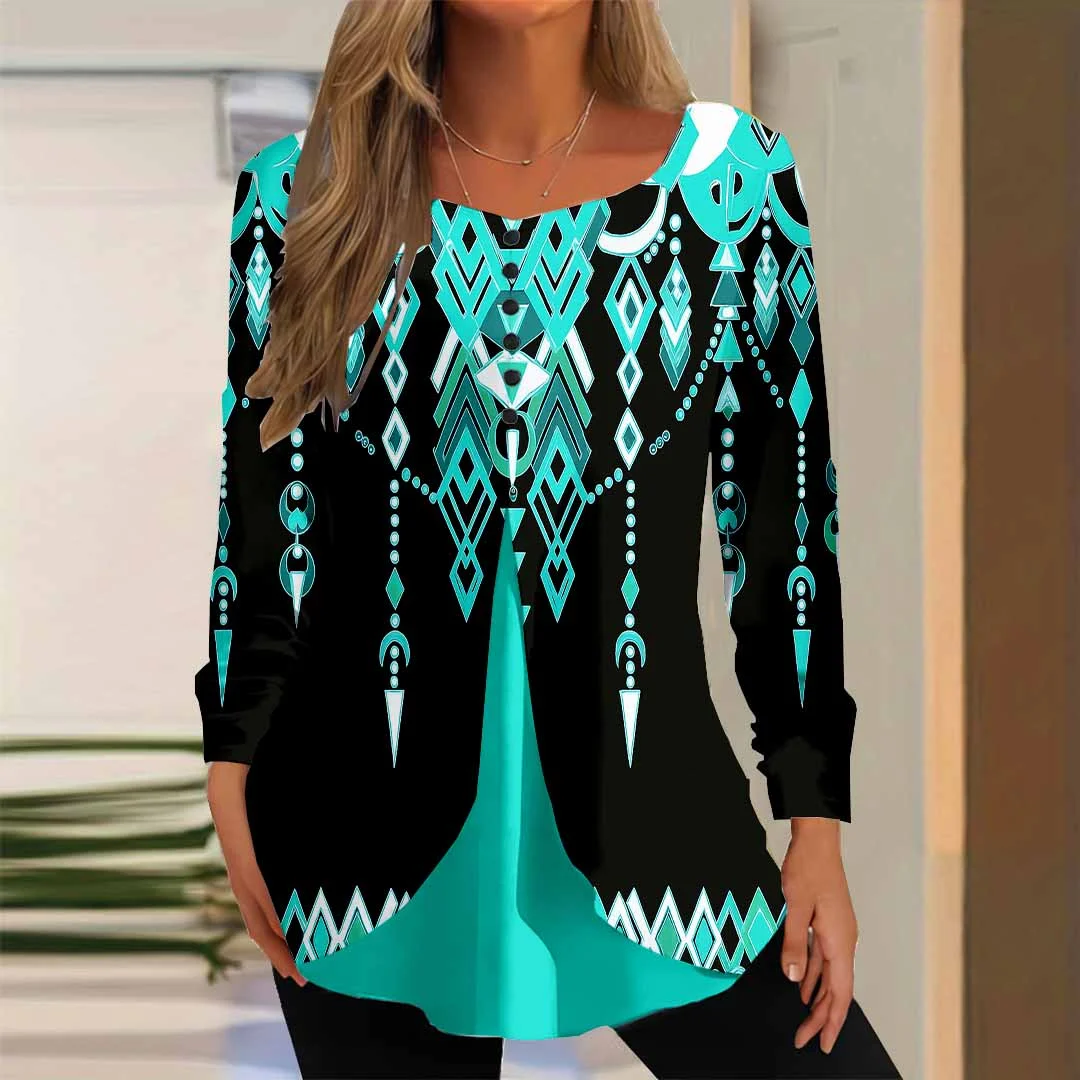 Women Graphic,Blue DZGG8342 Long Sleeve Scoop Neck Printed Graphic Button Fake 2in1 Tops
