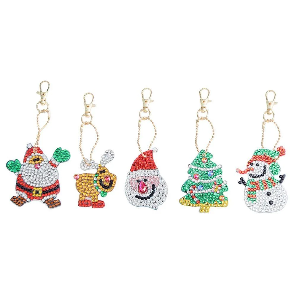 5pcs/Set DIY Crystal Rhinestones Full Drill Diamond Painting Christmas Keychain Decor
