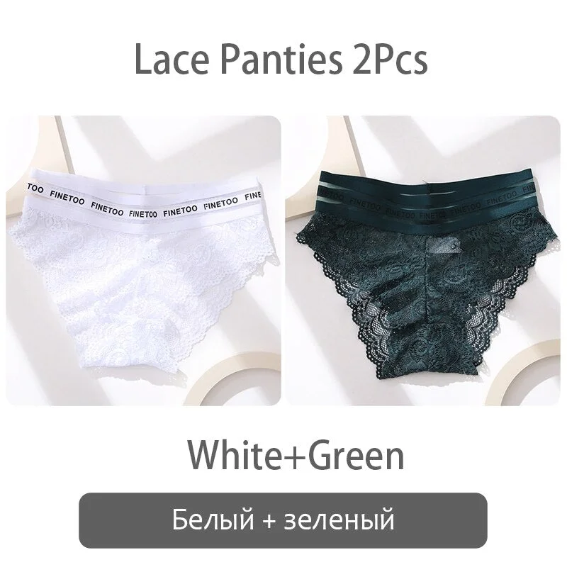 FINETOO 2Pcs Lace Panties Women Sexy Transparent Briefs Low Waist Floral Underwear Fashion Ladies Underpants L-2XL Girl Lingerie