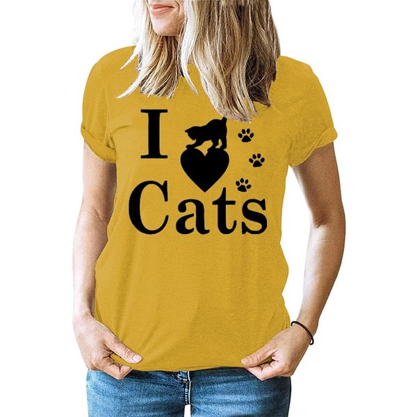 Women Summer Casual Short Sleeve Round Neck T-Shirt Female Cat Graphic Print T Shirts - BlackFridayBuys