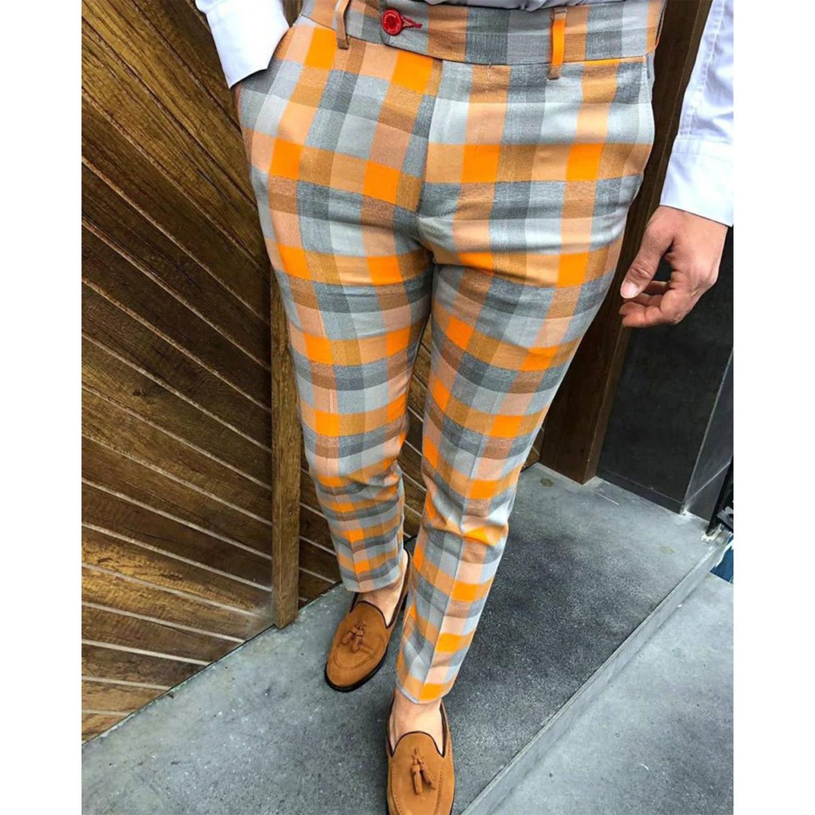 Men's Fashion Stretch Dress Pants Slim Fit Plaid Pants Business Suit Pants Casual Golf Pants