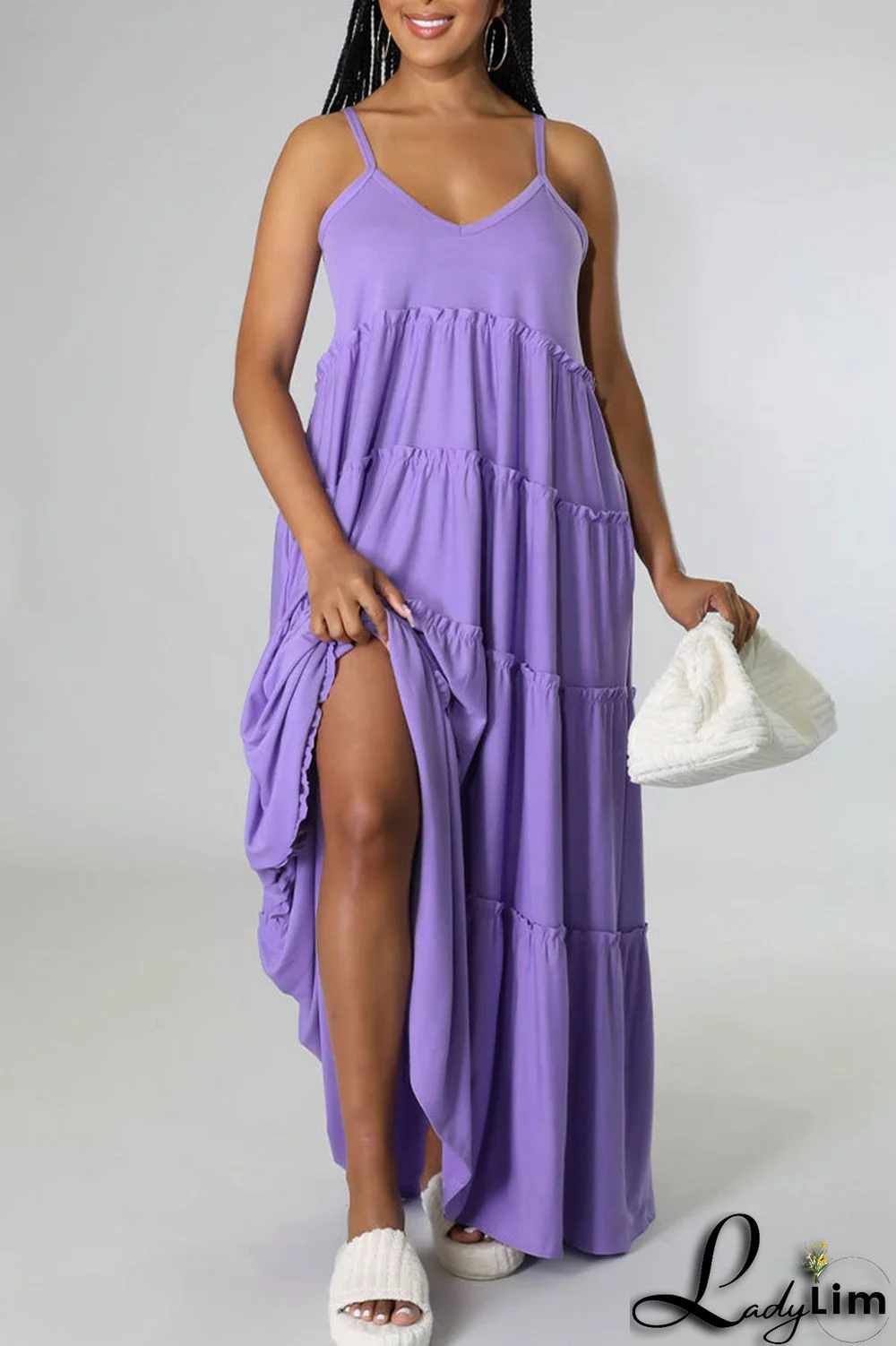 Purple Casual Solid Split Joint Spaghetti Strap Sling Dress Dresses