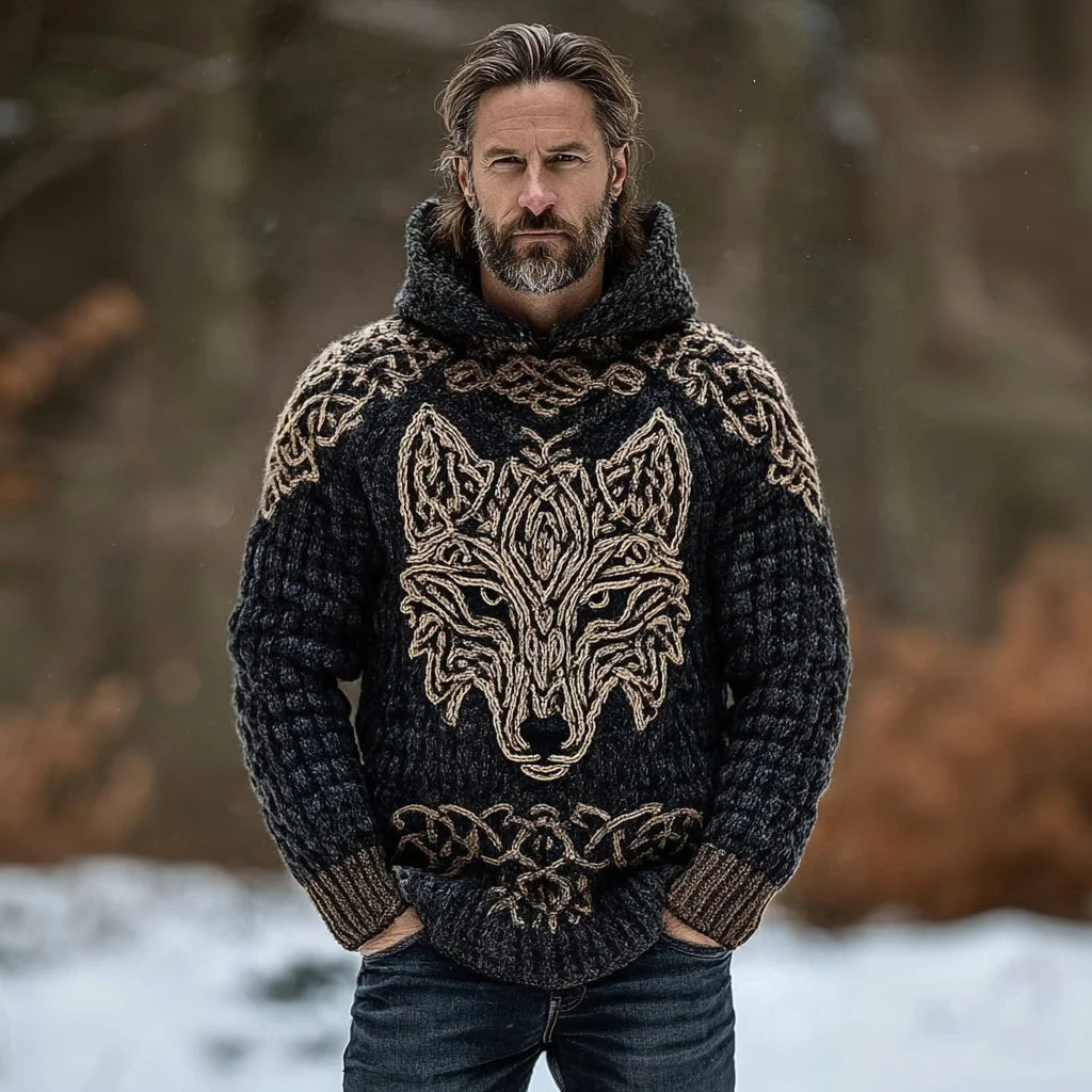 Men's Viking Wolf Celtic Hooded Cozy Chunky Sweater