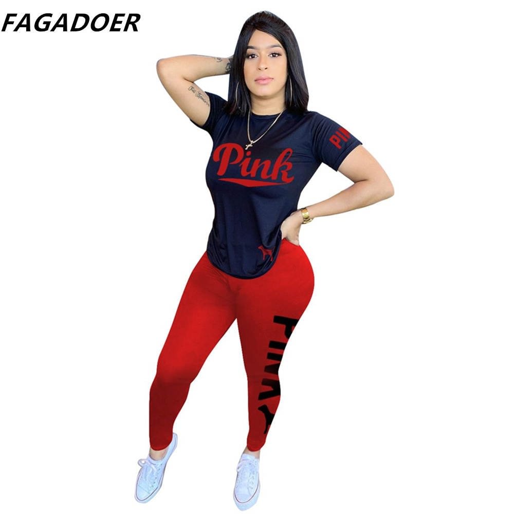 FAGADOER Summer Casual PINK Letter Print Two Piece Sets Women Short Sleeve Top And Skinny Pants Tracksuits Famale 2pcs Outfits