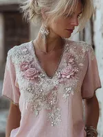 Boho Pink Roses Embroidered Short Sleeve Linen T Shirt