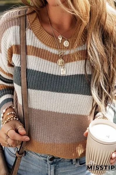 Striped Round Neck Dropped Shoulder Sweater