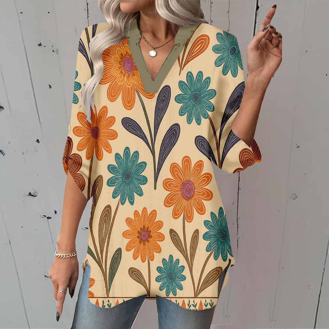 Women Floral, Orange DZGA0092 3/4 Sleeve V-neck Printed Graphic Button Tops