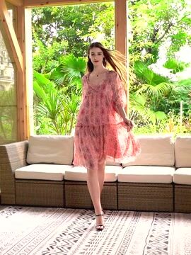 Red Print Chiffon A Line Dresses V Neck Lantern Sleeve