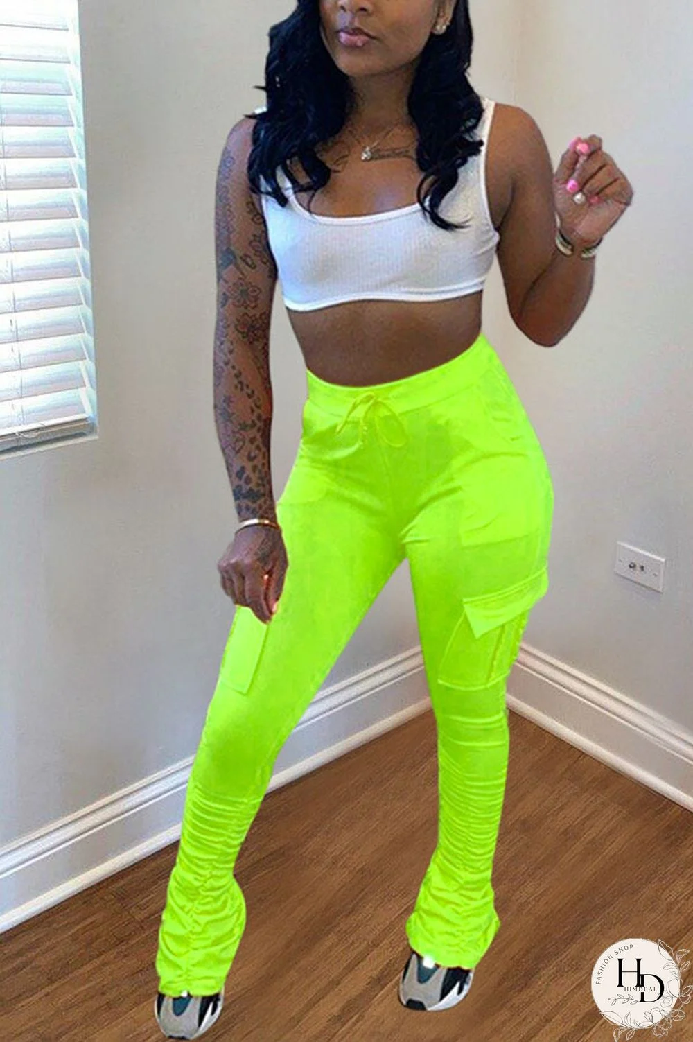 Yellow Drawstring High Solid Pocket Draped Boot Cut Pants Bottoms