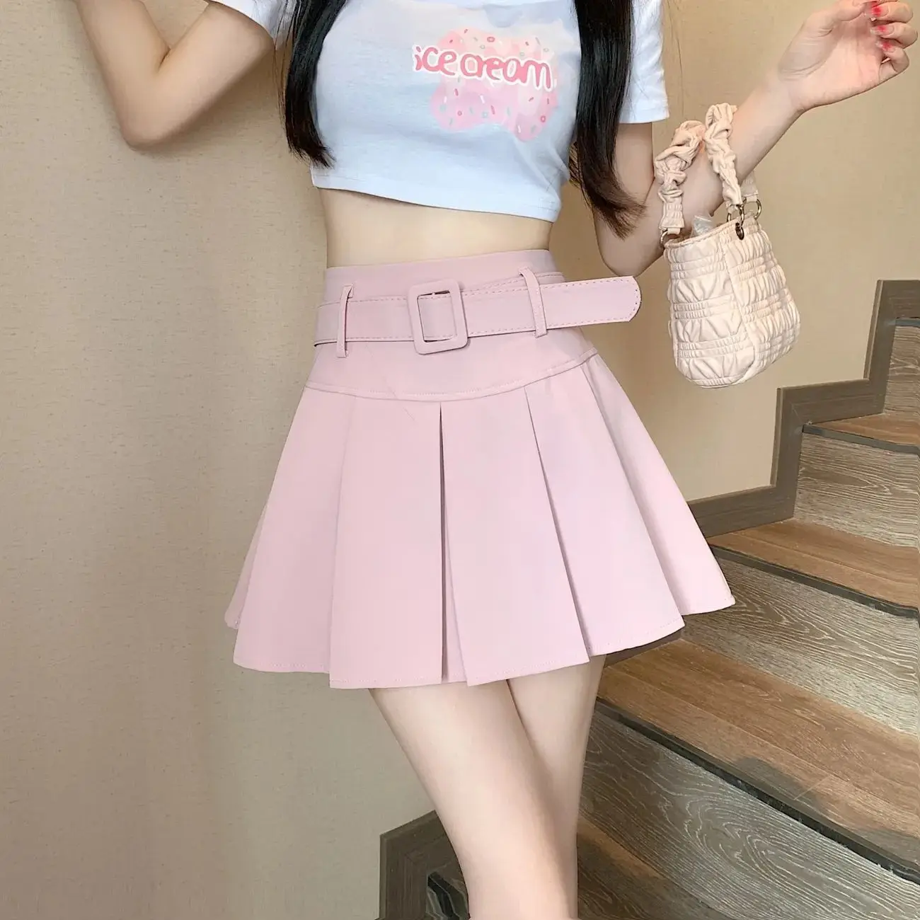 Bonushus Skirts Women Sweet Pleated Japan Style Solid Party with Belt Design All-match Mini Ulzzang Holiday Ins Spring Summer Schoolgirl