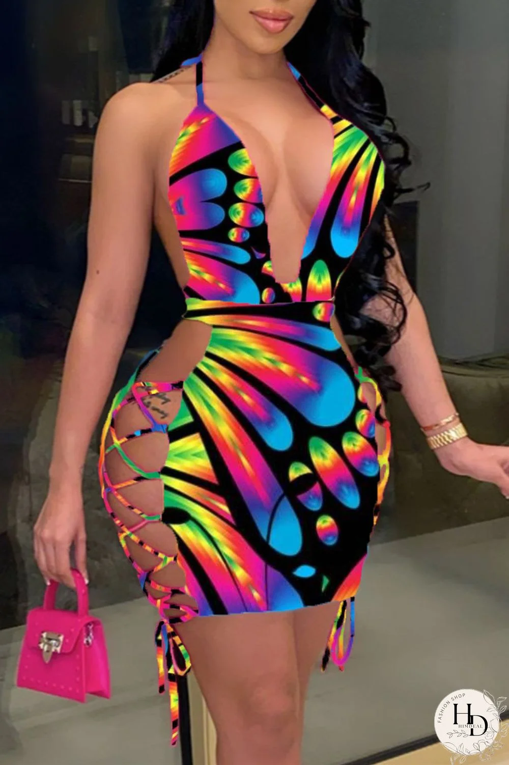 Colour Fashion Sexy Print Hollowed Out Backless Halter Sleeveless Dress
