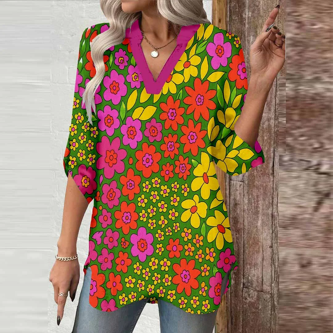 Women Flowers, Green, Red, Yellow DZGA0395 3/4 Sleeve V-neck Printed Graphic Button Tops