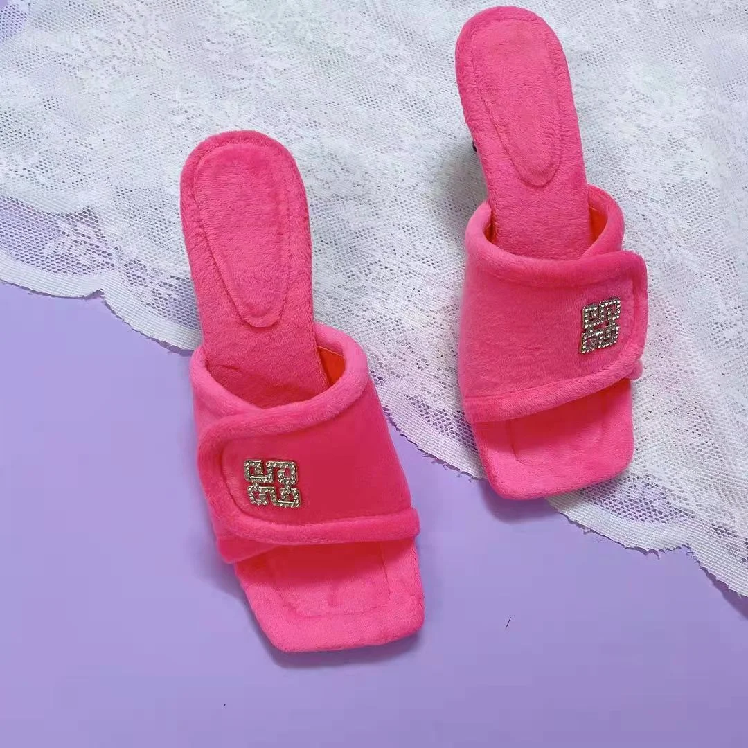Women's Slippers 2021 Winter Square Toe Velvet Slippers Thin Heels Chic Bling Rhinestone Slides Ladies Fashion Flip Flop Shoes