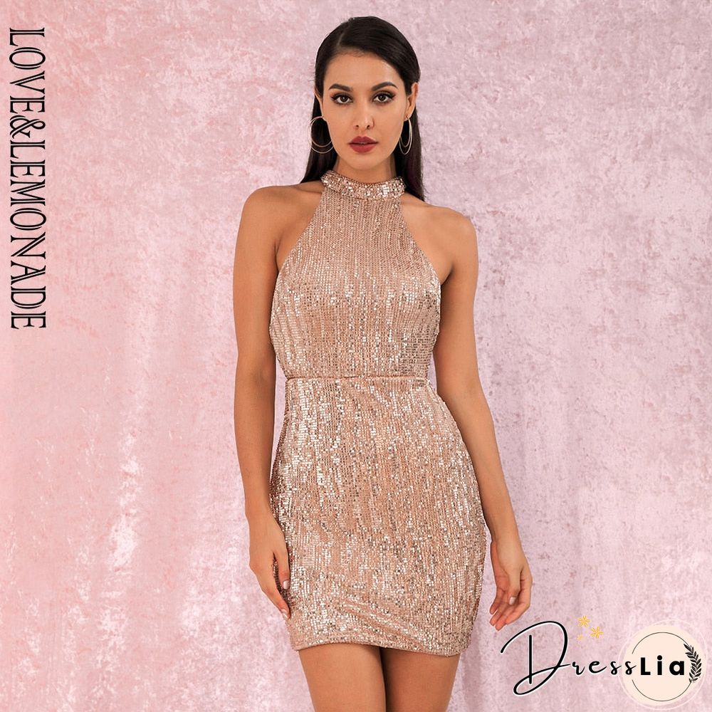 LoveLemonade Rose Gold Sexy Open Back Halter Dry Shoulder Slim Elastic Sequin Mini Party