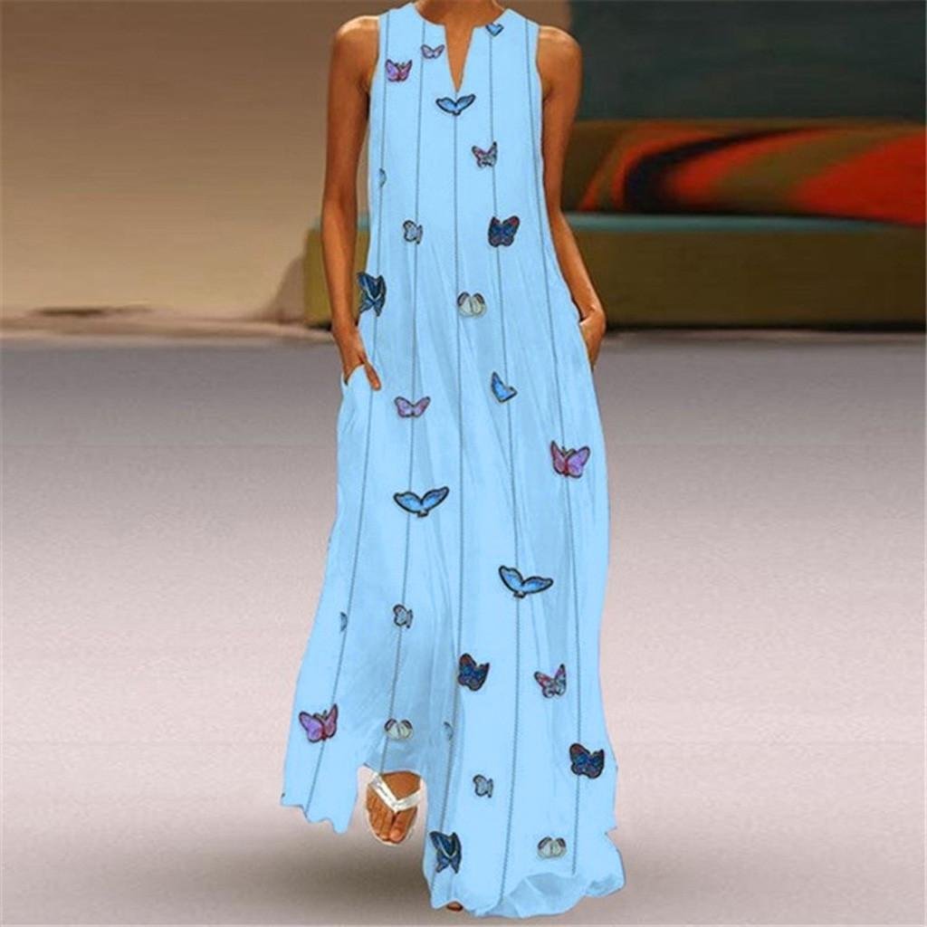 Summer Plus Size Bohemian Print Maxi Dress Women Daily Casual Sleeveless Striped Butterfly Print Loose Beach Dress With Pocket