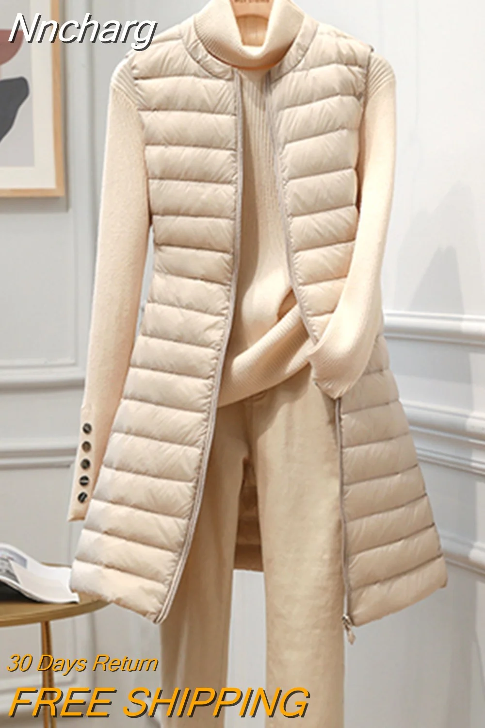 Nncharge Winter Women Ultra Light circular Collar Jacket Zipper White Duck Down Medium Long Vest Outerwear 4XL Down Coat