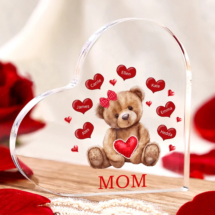 Personalized Text Acrylic Heart Keepsake Custom 1–10 Names Teddy Bear Ornaments Gifts for Grandma/Mother