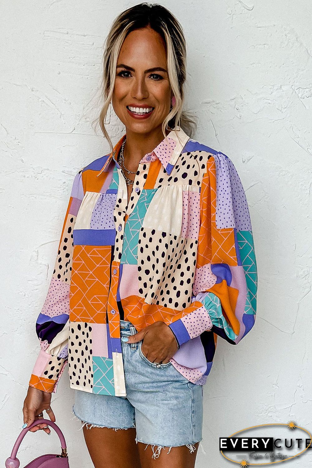 Multicolor Mixed Print Button Front Cuffed Sleeve Shirt