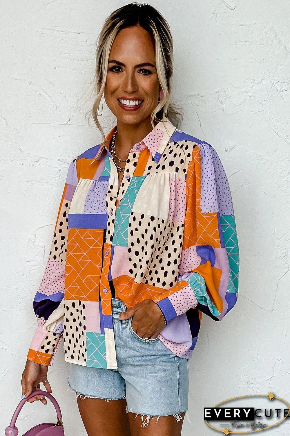 Multicolor Mixed Print Button Front Cuffed Sleeve Shirt