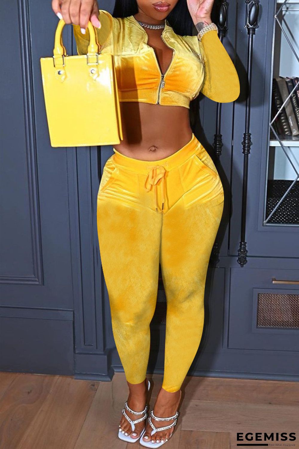 Yellow Fashion Casual Solid Basic Zipper Collar Long Sleeve Two Pieces | EGEMISS