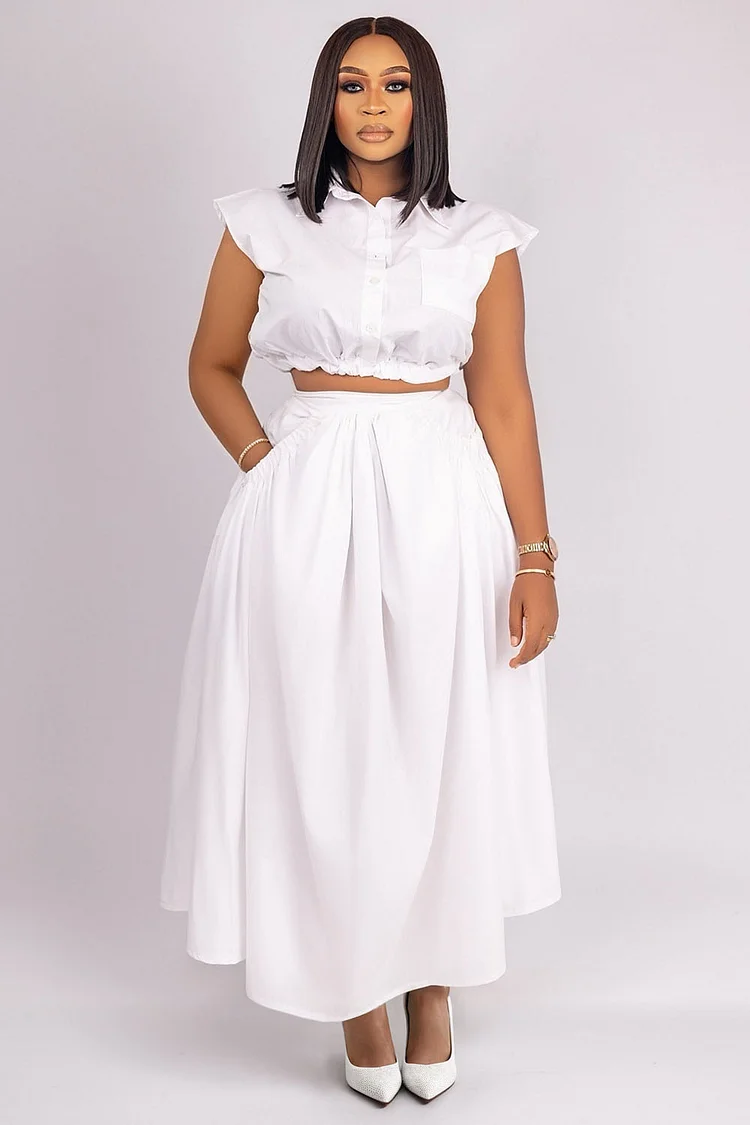 Cap Sleeve Crop Blouse Pocket Maxi Skirt Daily 2pcs Set-White [Pre Order]
