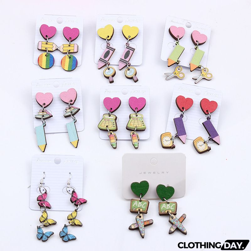 Women's Creative Fashion Wood Printing Pencil Stripe Heart Earrings