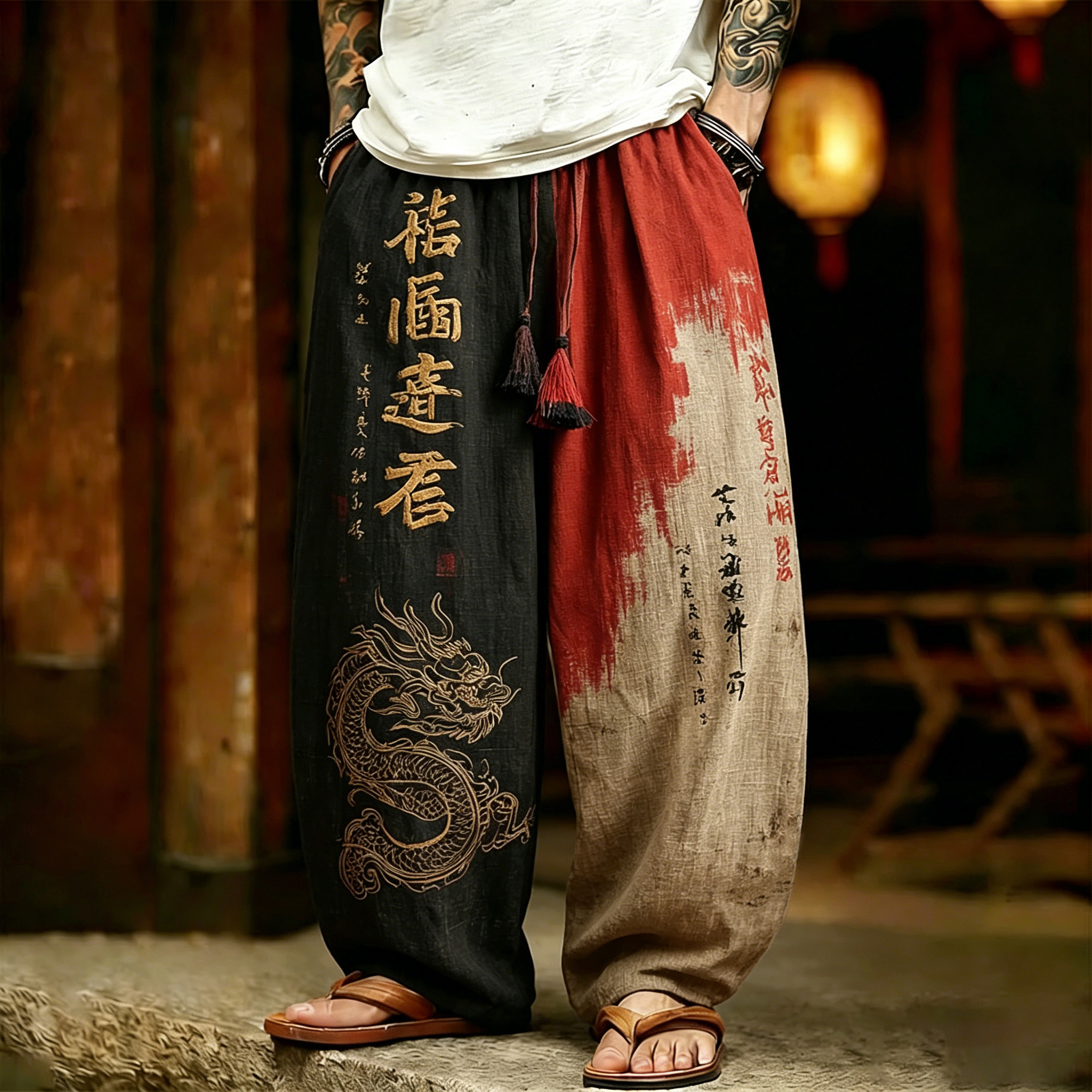 Men's Retro Japanese Style Dragon Pattern Calligraphy Art Print Casual Pants elevenforest