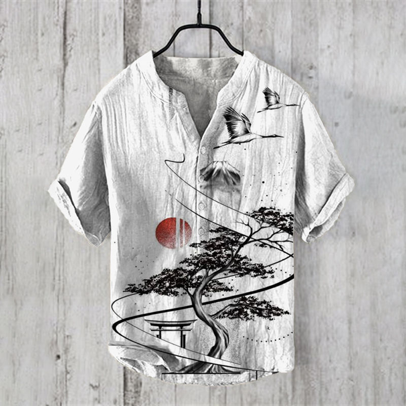 menweary Japanese Ink Painting Of Cranes Flying Over Mount Fuji Art Linen Blend