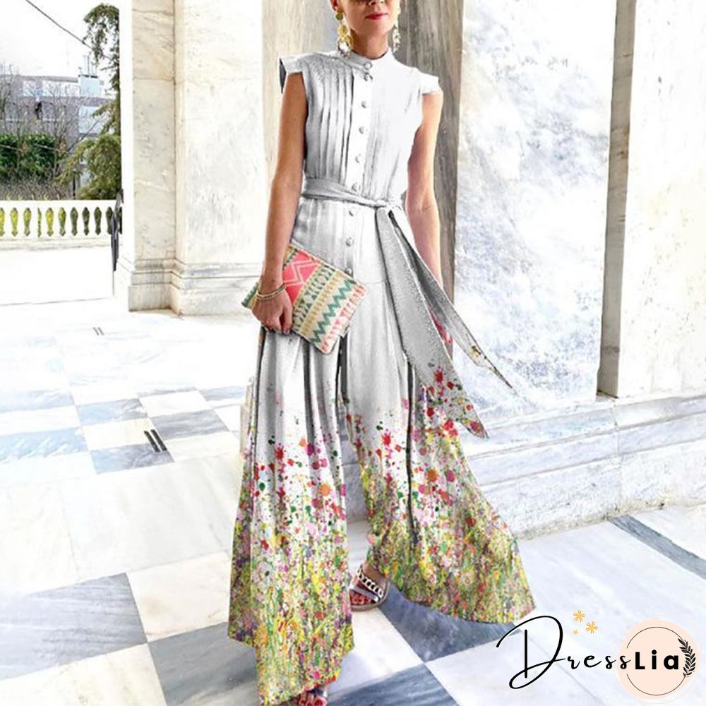 Sleeveless Button Pattern Strappy Jumpsuit