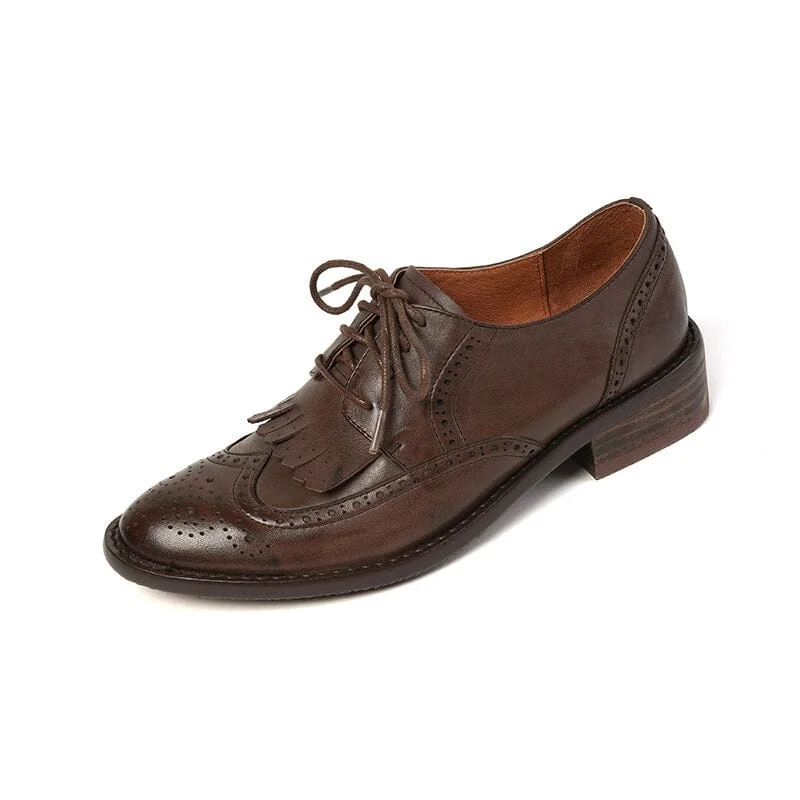 Women Wingtip Shoes Handmade Leather Full Brogues Oxfords & Tie Low Heel Elegant 